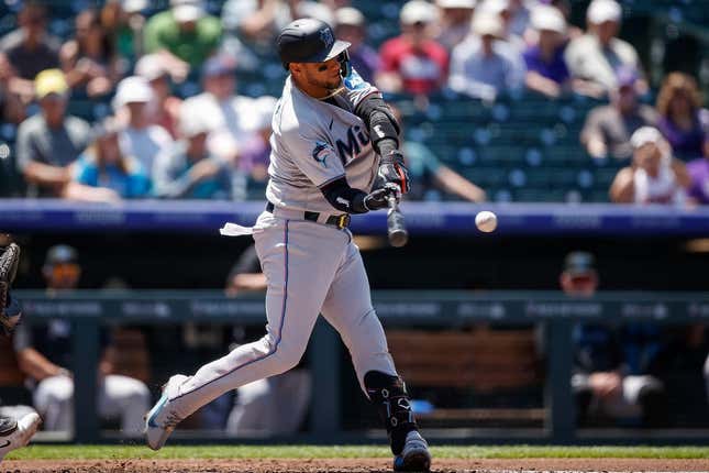 May 25, 2023; Denver, Colorado, USA; Miami Marlins first baseman Yuli Gurriel (10) this and RBI triple in the third inning against the Colorado Rockies at Coors Field.