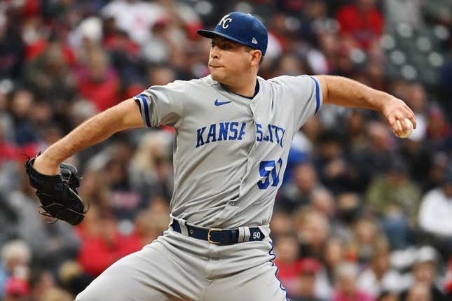 Oct 1, 2022; Cleveland, Ohio, USA; Kansas City Royals starting pitcher Kris Bubic (50) throws a pitch during the first inning against the Cleveland Guardians at Progressive Field.