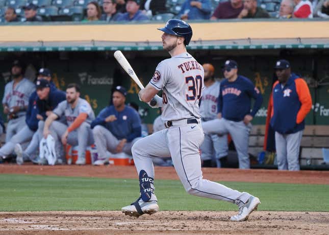 Jul 20, 2023; Oakland, California, USA; Houston Astros right fielder Kyle Tucker (30) hits a two-run double against the Oakland Athletics during the sixth inning at Oakland-Alameda County Coliseum.