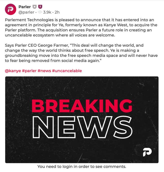 A screenshot of Parler's post on the sale to Ye on Parler.