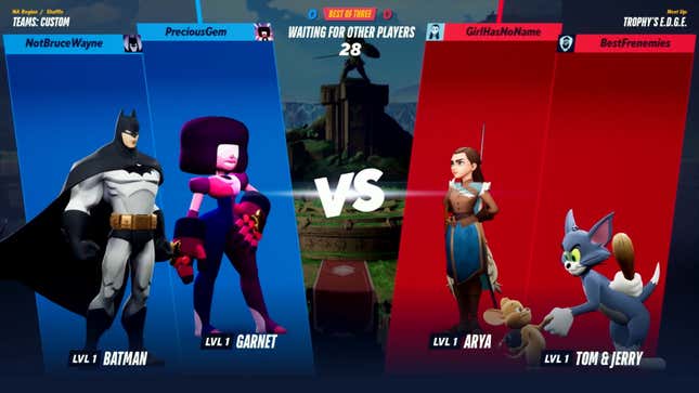 Batman, Arya Stark, Garnet, and Tom & Jerry face off in the victory screen of MultiVersus, the WB fighting game.
