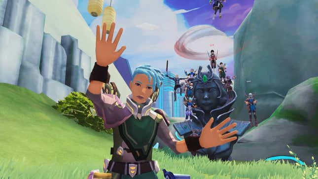 A player waving towards the camera with other VR players in the background on a statue. 