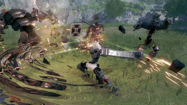 Nier's protagonist swings a giant sword a shadow enemies.