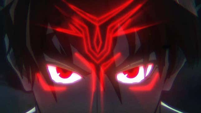 Crop of the main poster for Netflix's Tekken: Bloodline, showing the glowing eyes of the lead character Jin. 