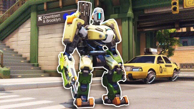 Bastion, the robot, stands in the middle of a street with a bird on his shoulder. 
