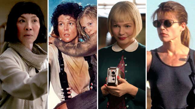 From L-R: Michelle Yeoh in Everything Everywhere All At Once, Sigourney Weaver in Aliens, Michelle Williams in The Fabelmans, Linda Hamilton in Terminator 2: Judgment Day (Photos: A24, 20th Century Fox, Tri-Star, Universal Pictures).