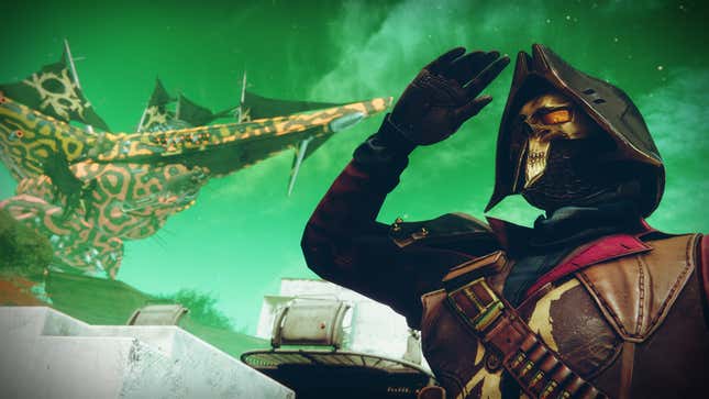 A Destiny 2 Guardian salutes a space pirate ship in Season of Plunder.