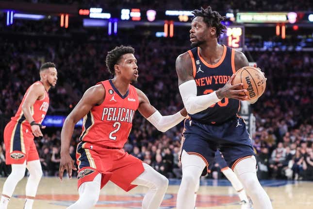 Feb 25, 2023; New York, New York, USA;  New York Knicks forward Julius Randle (30) looks to post up against New Orleans Pelicans guard Josh Richardson (2) in the second quarter at Madison Square Garden.