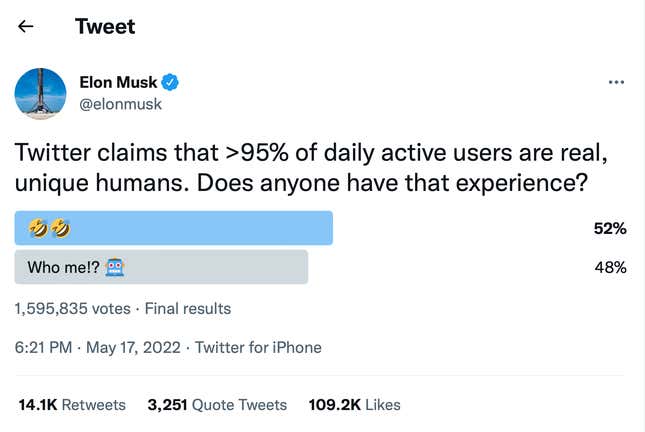 A screenshot of a poll Elon Musk conducted on Twitter asking users about their experience with spam bots.