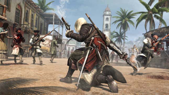 A man attacks guards with a flintlock pistol in a tropical village. 
