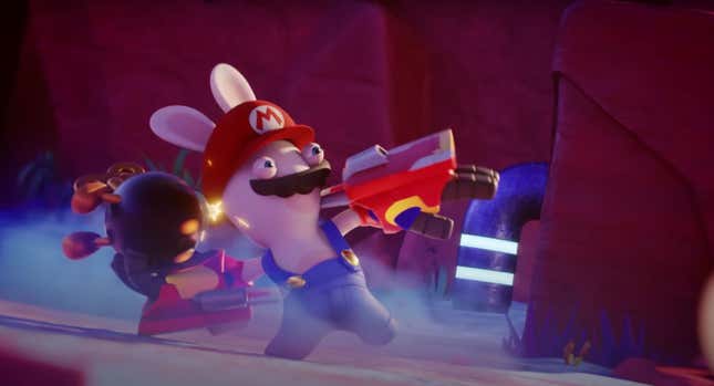 Rabbid Mario throws a bo-omb in the Switch exclusive, Sparks of Hope.