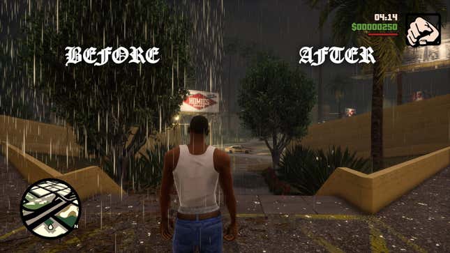 A comparison shot of the unmodded and modded versions of GTA's rain. The left, unmodded side is viscous, white, and hard to see through. The right, modded side is much clearer and more atmospheric without obscuring gameplay.