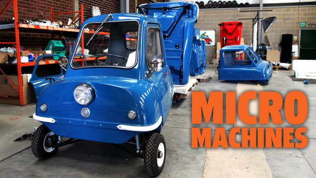 A photo of a P50 cars replica Peel with the caption "Micro Machines" 