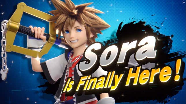 Sora from Kingdom Hearts holding a keyblade and smiling against a blue background in Super Smash Bros Ultimate.
