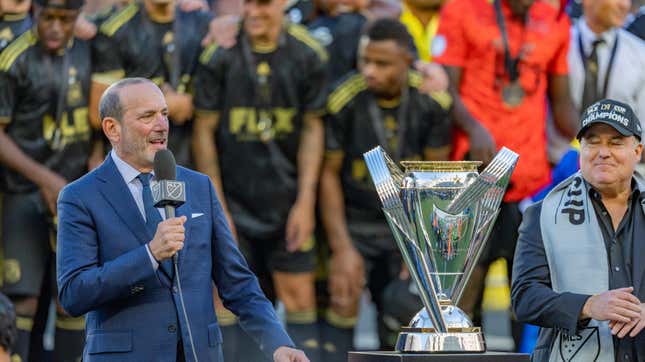 MLS Commissioner Don Garber presents the MLS Cup during the MLS Cup Final game between Philadelphia Union and Los Angeles FC on Nov. 5, 2022, in Los Angeles.