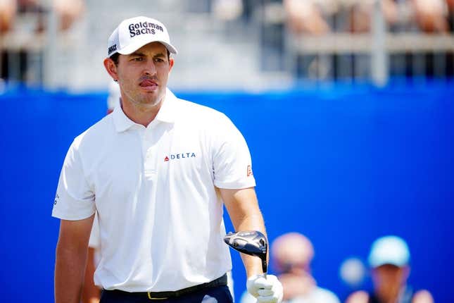 Apr 20, 2023; Avondale, Louisiana, USA; Patrick Cantlay reacts to a tee on the first hole during the first round of the Zurich Classic of New Orleans golf tournament.