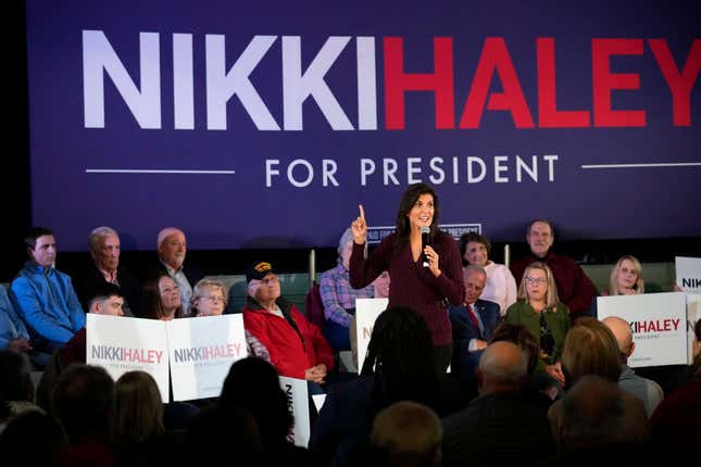 Republican presidential candidate Nikki Haley speaks at a town hall campaign event, Thursday, Feb. 16, 2023, in Exeter, N.H. 