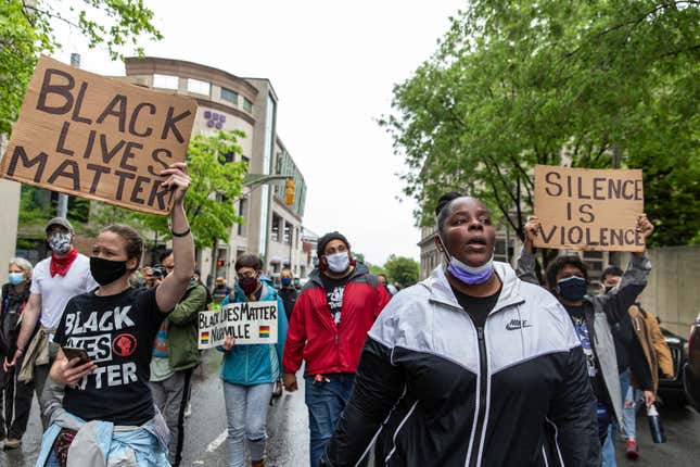 Supporters of Black Lives Matter march toward City Hall during to protest recent incidents around the country of police shootings in Nashville, Tennessee on April 24, 2021.