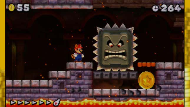Mario confronts a Thwomp blocking a coin. 