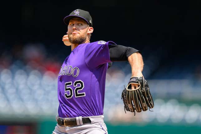 Jul 26, 2023; Washington, District of Columbia, USA; Colorado Rockies relief pitcher Daniel Bard (52) throws a pitch during the ninth inning against the Washington Nationals at Nationals Park.