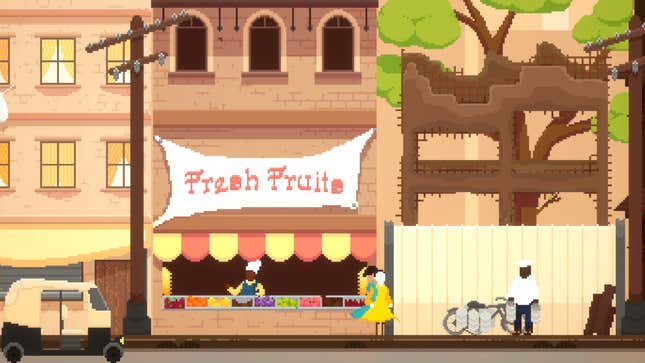 Screenshot of The Bazaar of India, a small game involving peach-colored buildings, a fruit stall, and one man with a delivery bike.