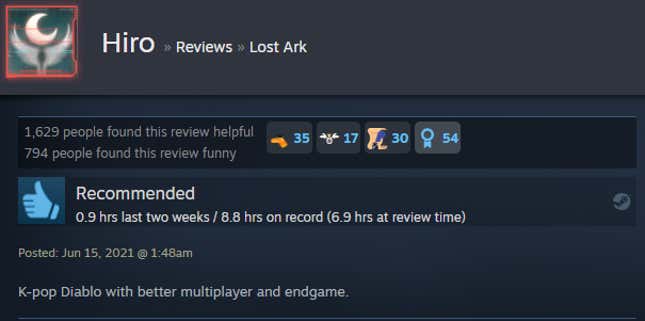 A screenshot of a Steam review for Lost Ark.