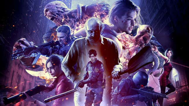 A stylized collage shows several Resident Evil heroes and villains.