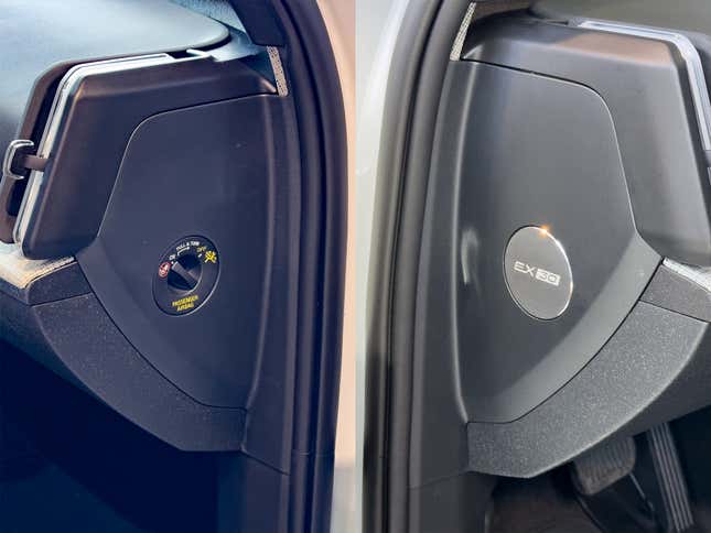 At left, an image of the passenger airbag control switch inside the EX30. At right, a view of that same part of the dashboard, plugged up with decorative trim.