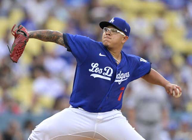Aug 19, 2023; Los Angeles, California, USA;  Los Angeles Dodgers starting pitcher Julio Urias (7) throws to the plate in the first inning against the Miami Marlins at Dodger Stadium.