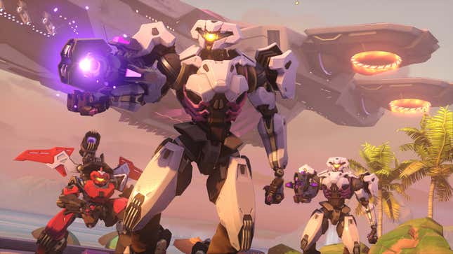 Three big robots walk in front of a spaceship at sunset in Overwatch 2 by Blizzard.