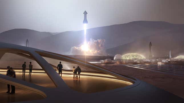 Artist’s conception of a Martian colony, with SpaceX Starship rockets in the background. 
