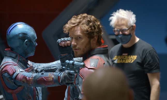 James Gunn directs Chris Pratt and Karen Gillan in Guardians of the Galaxy Vol. 3.