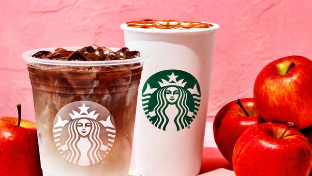 Starbucks Apple Crisp Macchiato on red background with red apples