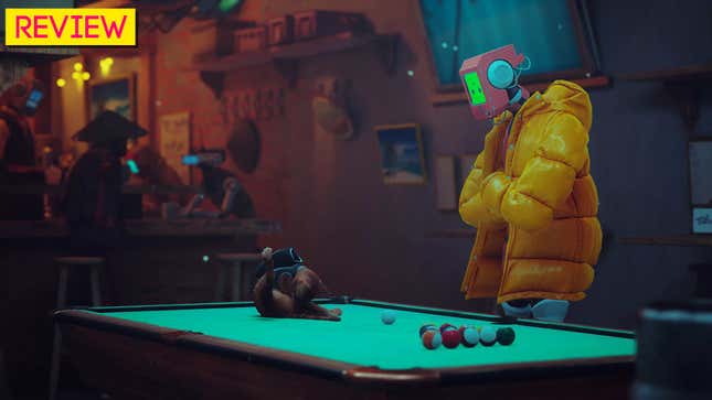 A cat cleans itself on a pool table while a robot looks on in Stray.