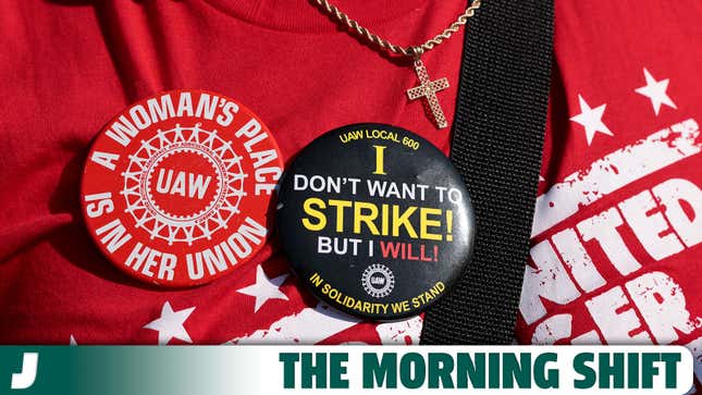 A photo of badges saying "I don't want to strike but I will" on a union member's top. 