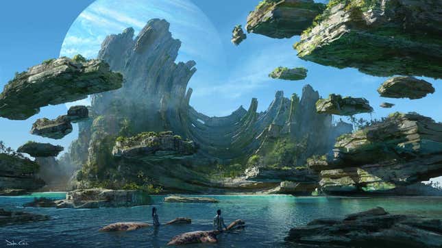 Concept art from Avatar: The Way of Water shows a scene with Na'vi in a body of water on Pandora.