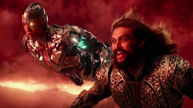 Cyborg and Aquaman flying.