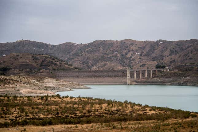 The Viñuela reservoir, located in La Axarquia, which is currently at 11 percent of its capacity on September 01, 2022 in Málaga, Spain.