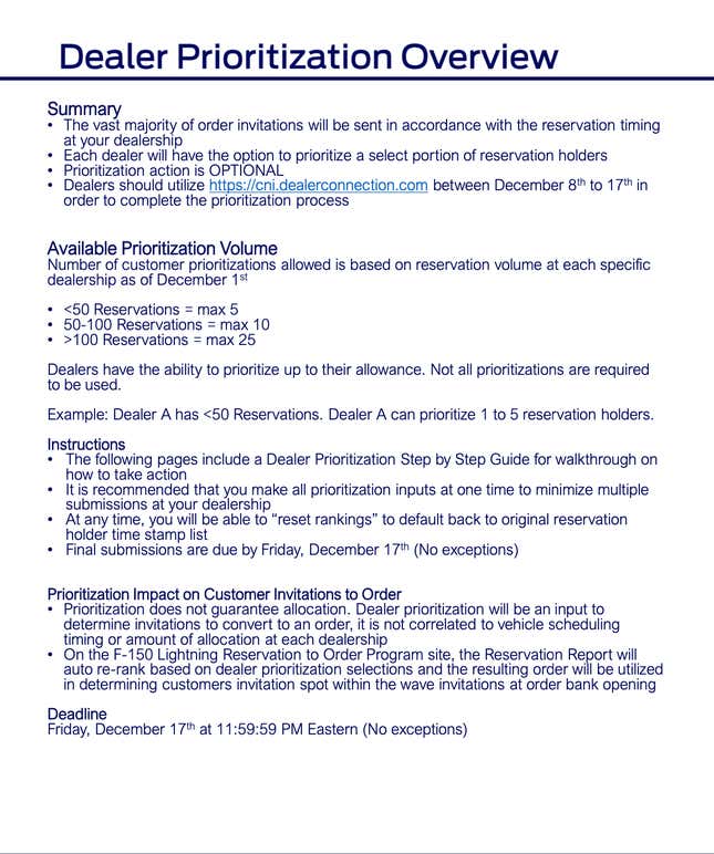 This screenshot is from a page sent to dealers by Ford detailing Lightning order guidelines.