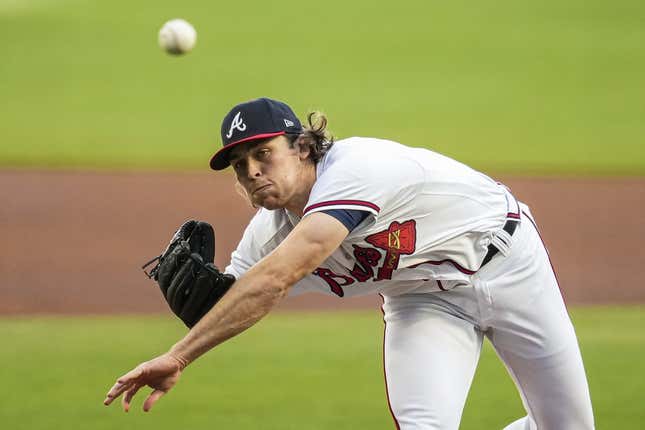 Apr 9, 2023; Cumberland, Georgia, USA; Atlanta Braves starting pitcher Dylan Dodd (46) pitches against the San Diego Padres during the first inning at Truist Park.