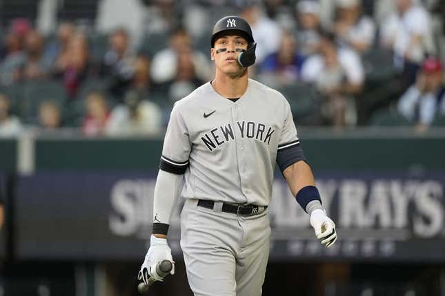 Apr 27, 2023; Arlington, Texas, USA; New York Yankees right fielder Aaron Judge (99) reacts after striking out against the Texas Rangers during the first inning at Globe Life Field.