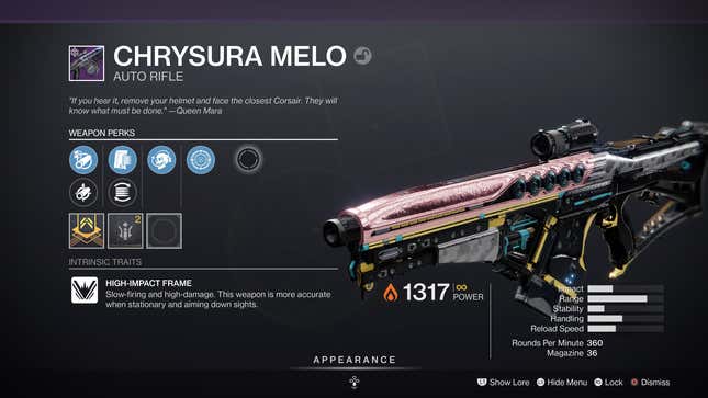 A screenshot of the Chrysura Melo auto rifle's stat page.