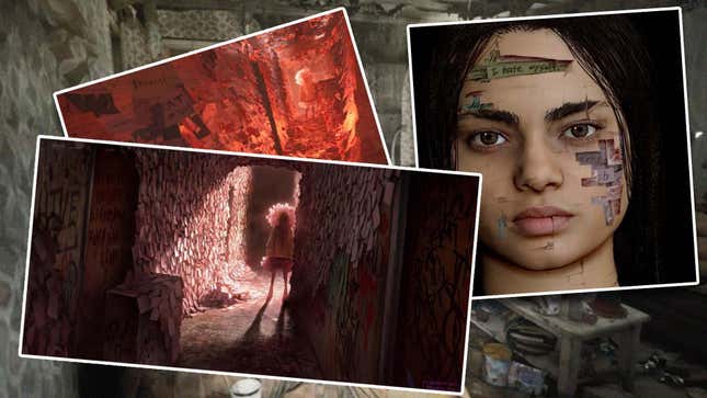 Three different leaked Silent Hill images from leaker Dusk Golem, showing some weird-looking red room, a sticky note-lined hallway, and a woman’s face peeling back to reveal paper under the skin.