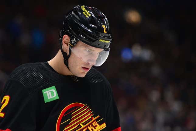 Jan 24, 2023; Vancouver, British Columbia, CAN;  Vancouver Canucks defenseman Luke Schenn (2) awaits the start of play against the Chicago Blackhawks during the first period at Rogers Arena.