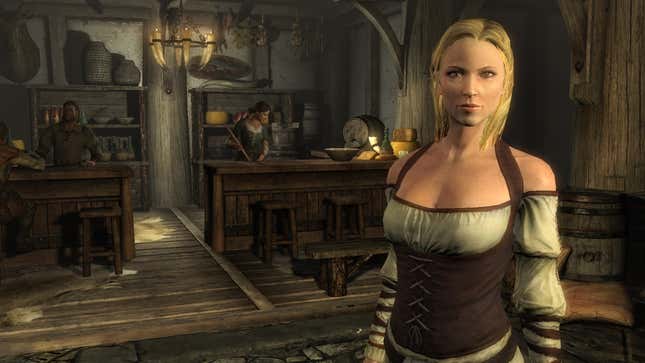 A blonde woman standing in the middle of a Skyrm tavern, looking into camera. 