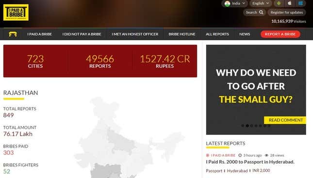 Screenshot of the site at ipaidabribe.com, which is a trove of data on corruption reports.