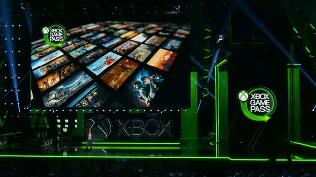 Game Pass is marketed on stage at the Xbox showcase during E3 2019. 