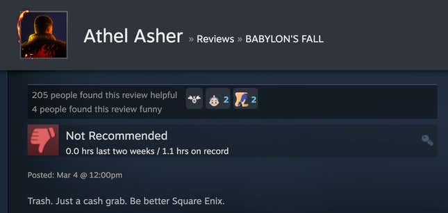 Image for article titled Babylon’s Fall, As Told By Steam Reviews