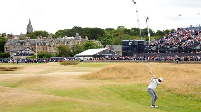 Cameron Young of the United States plays his second shot on the seventeenth hole during Day One of The 150th Open at St Andrews Old Course.