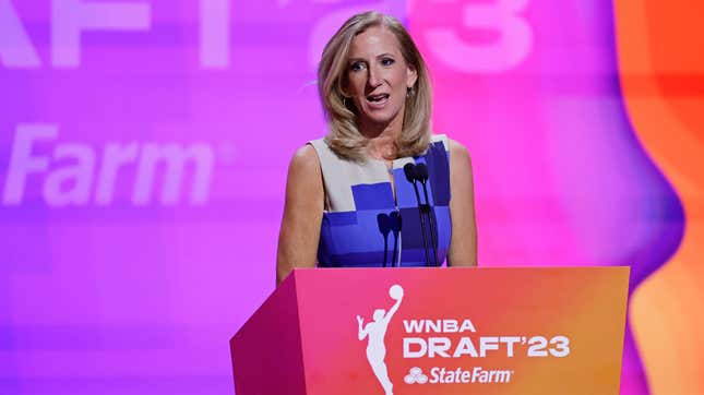 Commissioner Cathy Engelbert speaks at the WNBA basketball draft 